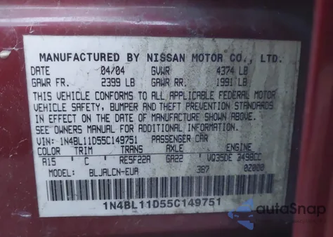 2005 Nissan Altima 3.5 Se z USA, uszkodzony, nr VIN 1N4BL11D55C149751